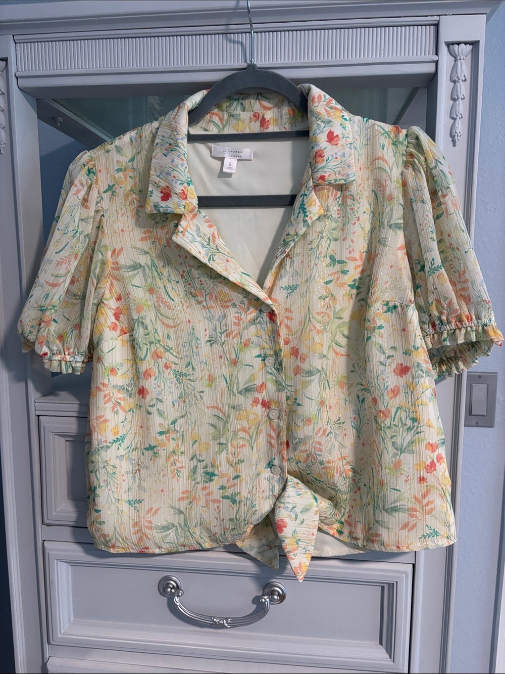 LC Lauren Conrad Light Yellow Floral Tie-Front Button Shirt